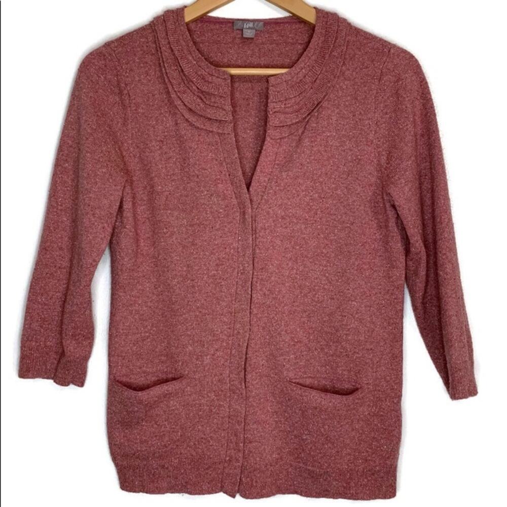 J JILL Cardigan Sweater Rose Heather Silk Wool S Academia Twee Pink